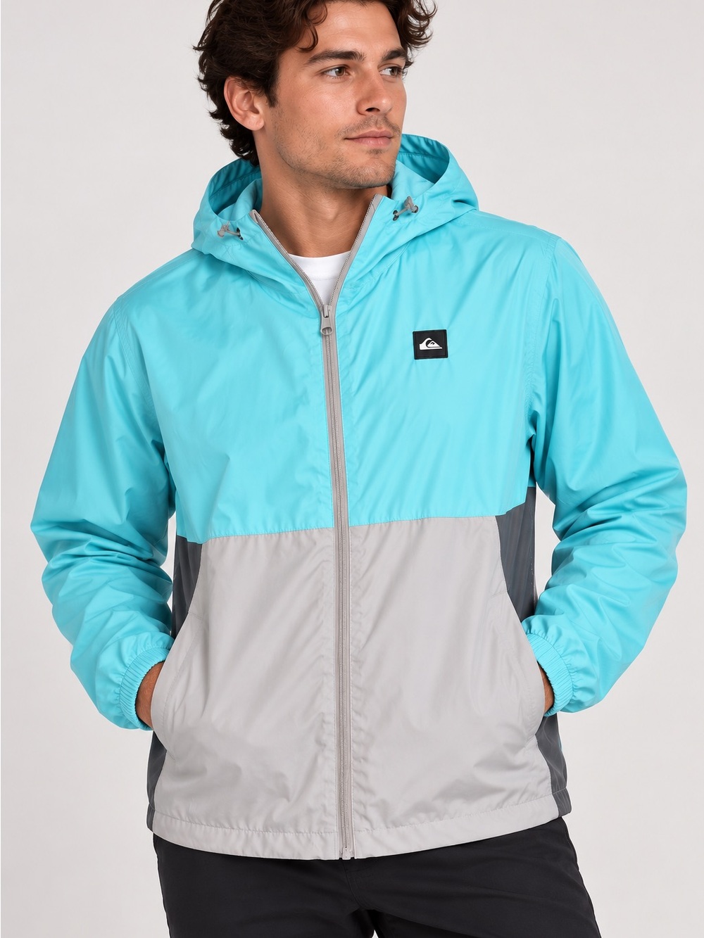 Quiksilver Men’s Colorblock Hooded Windbreaker Jacket Blue Gray Size Large NWT